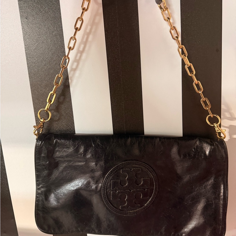Tory Burch Black Leather Clutch with Gold Chain Strap